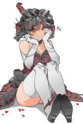 Rule 34 | 1girl, absurdres, black hair, breasts, cleavage, demon horns, dress, elbow gloves, frilled dress, frills, gloves, hands on own face, heart, highres, horns, looking at viewer, lucia: plume (punishing: gray raven), lucia (punishing: gray raven), maid headdress, medium breasts, multicolored hair, official alternate costume, on floor, punishing: gray raven, red dress, red eyes, red hair, short hair, single horn, solo, streaked hair, thighhighs, thighs, white background, white gloves, white thighhighs, yongsadragon