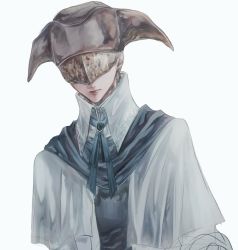 Rule 34 | 1girl, bloodborne, blue ribbon, blue scarf, cloak, closed mouth, commentary request, covered eyes, eye mask, facing viewer, gem, gloves, grey background, hat, itsuki (itsukiovo), lips, red lips, ribbon, scarf, simple background, sketch, solo, upper body, white cloak, yurie the last scholar