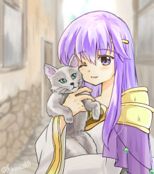 Rule 34 | 1girl, animal, cape, cat, circlet, dress, fire emblem, fire emblem: genealogy of the holy war, holding, holding animal, holding cat, julia (fire emblem), long hair, nintendo, one eye closed, outdoors, purple cape, purple eyes, purple hair, smile, solo, wide sleeves, yukia (firstaid0)