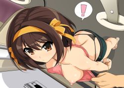 Rule 34 | !, 1girl, ass, assisted exposure, bangle, bare shoulders, bracelet, breasts, brown eyes, brown hair, bulge, covered erect nipples, from above, hair ribbon, hairband, haruhisky, jewelry, looking at viewer, looking up, medium breasts, nipples, no bra, one breast out, puffy areolae, ribbon, sandals, shiny skin, short hair, short shorts, shorts, solo, spoken exclamation mark, standing, surprised, suzumiya haruhi, suzumiya haruhi no yuuutsu, thong, train interior, whale tail (clothing), yellow hairband