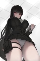 Rule 34 | 1girl, absurdres, apopo, black hair, black suit, blue archive, blunt bangs, breasts, formal, from below, halo, highres, holding, holding tablet pc, holster, holstered, id card, large breasts, long hair, miniskirt, panties, pantyshot, pleated skirt, pouch, red eyes, rio (blue archive), skindentation, skirt, suit, tablet pc, thigh holster, thigh pouch, thigh strap, underwear, v-shaped eyebrows, watch, white panties, wristwatch