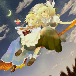 Rule 34 | 2girls, :d, alice margatroid, apron, blonde hair, blush, book, boots, bow, braid, broom, broom riding, capelet, cloud, crescent moon, cross-laced footwear, dress, female focus, flying, frown, green eyes, hair bow, hairband, hat, hat bow, kirisame marisa, lace-up boots, loafers, long hair, moon, multiple girls, multiple riders, open mouth, puffy sleeves, shanghai doll, shoes, short hair, sidesaddle, single braid, sky, smile, socks, touhou, tree, white legwear, witch, witch hat, yellow eyes, yuntama0