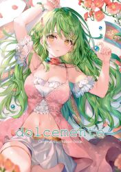 Rule 34 | 1girl, absurdres, arm garter, armpits, arms up, bare shoulders, blurry, blush, bracelet, breasts, center opening, cleavage, collarbone, cover, cover page, crop top, dress, earrings, flower, gold trim, green hair, highres, holding, jewelry, large breasts, long hair, looking at viewer, lying, midriff, miniskirt, momoko (momopoco), navel, on back, orange eyes, original, parted lips, petals, pink dress, red flower, scan, scarf, simple background, skirt, sleeveless, sleeveless dress, solo, spaghetti strap, stomach, thigh strap, white skirt, yukari (momoko)