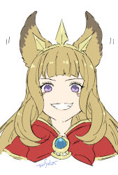 Rule 34 | animal ears, blonde hair, cagliostro (granblue fantasy), capelet, eyebrows, granblue fantasy, grin, hairband, long hair, mifuta, purple eyes, red capelet, red neckwear, smile, very long hair