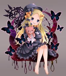 Rule 34 | 1girl, :d, abigail williams (fate), aiura aiu, barefoot, black bow, black dress, black hat, blonde hair, bloomers, blue eyes, blush, bow, brown background, bug, butterfly, commentary request, dress, fate/grand order, fate (series), forehead, hair bow, hat, head tilt, hugging object, insect, long hair, long sleeves, looking at viewer, noose, open mouth, orange bow, parted bangs, polka dot, polka dot bow, round teeth, simple background, sitting, sleeves past fingers, sleeves past wrists, smile, solo, stuffed animal, stuffed toy, teddy bear, teeth, underwear, upper teeth only, very long hair, white bloomers