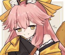 Rule 34 | 1girl, animal ear fluff, animal ears, border, bow, bowtie, brown background, closed mouth, fate/samurai remnant, fate (series), fox ears, hair bow, highres, japanese clothes, kimono, long hair, looking at viewer, pink hair, portrait, signature, simple background, smile, solo, tamamo (fate), tamamo aria (fate), w tail fluffy, white border, white bow, white bowtie, yellow bow, yellow kimono