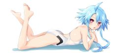 Rule 34 | 1girl, :o, ahoge, bare legs, bare shoulders, barefoot, blue hair, commentary request, elbow rest, feet up, from side, full body, hair between eyes, iwashi dorobou -r-, leotard, looking at viewer, lying, neptune (series), on stomach, power symbol, power symbol-shaped pupils, red eyes, short hair with long locks, simple background, solo, symbol-shaped pupils, the pose, white background, white heart (neptunia)