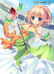 Rule 34 | 1girl, bare shoulders, blonde hair, blue eyes, blush, bow, breasts, bug, butterfly, cleavage, clothes lift, dress, elbow gloves, elf, gloves, hair ornament, insect, jewelry, kizuki erika, long hair, original, pointy ears, ribbon, skirt, skirt lift, smile, solo, staff, tiara, wand