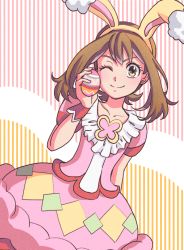 Rule 34 | 1girl, brown eyes, brown hair, closed mouth, collarbone, commentary request, creatures (company), dress, egg, eyelashes, game freak, hairband, hand up, highres, holding, holding egg, looking at viewer, mahiro (v6gxk), may (pokemon), may (spring 2021) (pokemon), nintendo, official alternate costume, pink dress, pokemon, pokemon ears, pokemon masters ex, short sleeves, smile, solo, split mouth, wrist cuffs, yellow hairband