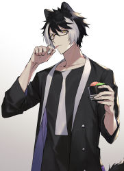 Rule 34 | 1boy, animal ears, bad id, bad twitter id, black coat, black hair, black shirt, blouse, buttons, closed mouth, coat, collarbone, cup, dog ears, glasses, gradient background, hair between eyes, hair intakes, highres, holding, holding cup, holostars, in mouth, kageyama shien, looking at viewer, male focus, multicolored hair, namakawa, print shirt, shirt, short hair, simple background, solo, standing, streaked hair, tail, upper body, virtual youtuber, white hair, yellow eyes
