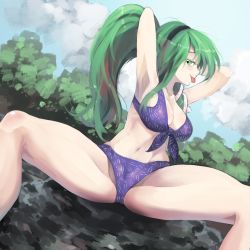 Rule 34 | 1girl, alternate costume, alternate hairstyle, armpits, arms behind head, arms up, bikini, black hairband, blue bikini, breasts, cameltoe, cleavage, cloud, collarbone, come hither, commentary, day, front-tie bikini top, front-tie top, green eyes, green hair, hair ornament, hairband, half-closed eyes, kochiya sanae, large breasts, long hair, looking at viewer, looking to the side, m legs, nature, naughty face, navel, outdoors, ponytail, profile, sitting, snake hair ornament, solo, spread legs, sunnysideup, swimsuit, thick thighs, thighs, toned, tongue, tongue out, touhou