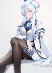 Rule 34 | 1girl, absurdres, black pantyhose, blue archive, blue necktie, breasts, collared shirt, formal, grey hair, halo, highres, jacket, large breasts, long hair, lubikaya, mechanical halo, miniskirt, necktie, noa (blue archive), pantyhose, pleated skirt, purple eyes, shirt, sidelocks, sitting, skirt, solo, suit, very long hair, white jacket, white shirt, white skirt, white suit