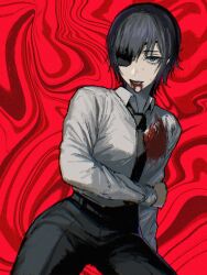 Rule 34 | 1girl, black hair, black necktie, black pants, blood, blood from mouth, blood on clothes, blue eyes, chainsaw man, collared shirt, eyepatch, highres, himeno (chainsaw man), holding own arm, kota 2kx, looking at viewer, necktie, open mouth, pants, red background, shirt, shirt tucked in, short hair, solo, sweat, white shirt