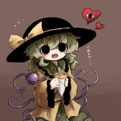 Rule 34 | 1girl, :d, black eyes, black hat, blouse, blush, bow, brown background, buttons, cowboy shot, diamond button, emphasis lines, eyeball, floral print, food, food request, frilled shirt collar, frilled sleeves, frills, green hair, green skirt, hair between eyes, hat, hat bow, hat ribbon, heart, heart of string, heripantomorrow, holding, holding food, komeiji koishi, long sleeves, medium hair, open mouth, ribbon, rose print, shirt, simple background, skirt, smile, solo, third eye, touhou, wavy hair, wide sleeves, yellow bow, yellow ribbon, yellow shirt
