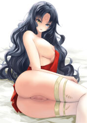 Rule 34 | 1girl, 27-nichi, azur lane, black hair, blue eyes, breasts, censored, facial mark, forehead mark, heterochromia, highres, large breasts, long hair, lying, mosaic censoring, nipples, on side, open mouth, partially undressed, pussy, roma (azur lane), thighhighs, yellow eyes