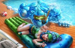 Rule 34 | 1girl, absurdres, bare shoulders, barefoot, belt, bent over, blue nails, female focus, fish, highres, league of legends, lying, multicolored hair, nail polish, naivascha, open mouth, ponytail, pool, riven (league of legends), seal (animal), shorts, smile, star (symbol), star print, teeth, water, wet, zac (league of legends)