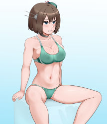 Rule 34 | 1girl, beret, bikini, blue eyes, breasts, brown hair, cleavage, clenched teeth, feet out of frame, gradient background, green background, green bikini, hair ornament, hat, headgear, invisible chair, kantai collection, large breasts, maya (kancolle), mini hat, nikku (nzaf5832), short hair, sitting, solo, sports bikini, swimsuit, teeth, x hair ornament