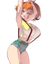 Rule 34 | 1girl, abs, absurdres, ahoge, alternate breast size, aqua eyes, asymmetrical hair, bare arms, bare legs, bare shoulders, blue eyes, blush, breasts, cleavage, cowboy shot, creatures (company), denim, denim shorts, game freak, gym leader, hair between eyes, hands up, highres, huge breasts, kouno (masao), large breasts, legs, looking at viewer, midriff, misty (pokemon), navel, neck, nintendo, open mouth, orange hair, outdoors, pokemon, pokemon (anime), pokemon (classic anime), ponytail, shiny skin, shirt, short hair, short ponytail, short shorts, shorts, side ponytail, simple background, sleeveless, sleeveless shirt, smile, solo, standing, suspenders, tank top, thick thighs, thighs, wide hips, yellow shirt