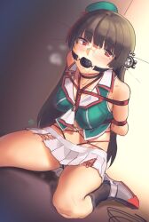 Rule 34 | 1girl, absurdres, ball gag, bare shoulders, bdsm, black hair, black socks, blush, bondage, bound, cad (caddo), choukai (kancolle), choukai kai ni (kancolle), dutch angle, gag, glasses, green headwear, highres, kantai collection, kneeling, long hair, looking at viewer, red eyes, red rope, restrained, rope, saliva, shibari, shirt, sleeveless, sleeveless shirt, socks, solo