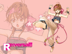 Rule 34 | 1girl, anklet, armpits, baggy pants, barefoot, black tube top, bracelet, brown hair, capoeira, collar, earrings, english text, engrish text, feet, flat chest, hair between eyes, hairband, hidari (left side), highres, jewelry, kicking, midriff, momoko, momoko (kof), nail polish, navel, navel piercing, open mouth, orange eyes, outstretched arms, pants, piercing, pink background, ranguage, re:versal!!, ribbon, short hair, simple background, snk, soles, solo, spread arms, standing, standing on one leg, star (symbol), strap, strapless, the king of fighters, toenail polish, toenails, toes, tube top, wristband, zoom layer