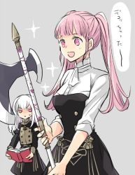 Rule 34 | 2girls, axe, blunt bangs, book, cowboy shot, female focus, fire emblem, fire emblem: three houses, garreg mach monastery uniform, grey background, hilda valentine goneril, holding, holding axe, holding book, holding weapon, ktnamgmfe, long hair, long sleeves, lysithea von ordelia, matching hair/eyes, multiple girls, nintendo, open book, open mouth, pink eyes, pink hair, short sleeves, simple background, smile, standing, twintails, uniform, weapon, white hair