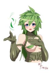 Rule 34 | 10s, 1girl, 2016, absurdres, ahoge, bad id, bad pixiv id, blue eyes, blush, breasts, covering nipples, covering privates, dated, dryad, green hair, hand on own chest, highres, kagiyama (clave), kii (monster musume), leaf, long hair, monster girl, monster musume no iru nichijou, nude, open mouth, plant girl, plant hair, signature, simple background, small breasts, solo, white background