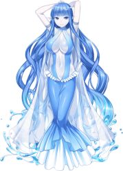 Rule 34 | 1girl, absurdly long hair, arms up, artist request, blue dress, blue eyes, blue hair, blue skin, blunt bangs, breasts, colored skin, dina (monster musume), dress, full body, large breasts, liquid hair, long hair, midriff, monster musume no iru nichijou, monster musume no iru nichijou online, navel, official art, pointy ears, transparent background, very long hair