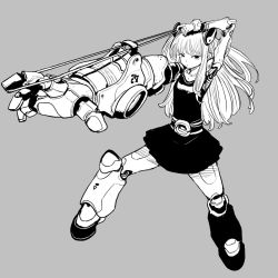 Rule 34 | 1girl, acky bright, belt, expressionless, grey background, greyscale, hair ornament, highres, katakana, long hair, looking to the side, mecha, mecha musume, mechanical arms, miniskirt, monochrome, numbered, original, pulling, robot, rubber band, single mechanical arm, skirt, solo, translation request