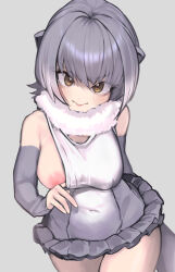 Rule 34 | &gt;:), 1girl, a888 n22, animal ears, bare shoulders, blush, breasts, closed mouth, clothes pull, covered erect nipples, covered navel, cowboy shot, elbow gloves, fingerless gloves, flashing, frills, fur collar, gloves, grey gloves, grey hair, head tilt, highres, kemono friends, looking at viewer, medium breasts, medium hair, multicolored hair, nipples, one-piece swimsuit, one-piece swimsuit pull, one breast out, otter ears, otter girl, otter tail, pulling own clothes, small-clawed otter (kemono friends), smile, solo, swimsuit, tail, teasing, two-tone hair, v-shaped eyebrows, white hair, yellow eyes