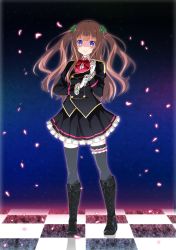 Rule 34 | .live, 1girl, adjusting clothes, adjusting gloves, bassa, blue eyes, boots, brown hair, cross-laced footwear, full body, gloves, hair ornament, highres, kakyouin chieri, lace-up boots, long hair, looking at viewer, petals, shaded face, smile, solo, standing, thighhighs, uniform, virtual youtuber, white gloves