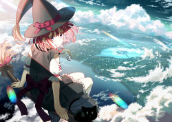 Rule 34 | 1girl, back, bad id, bad pixiv id, black cat, black dress, broom, broom riding, cat, cityscape, cloud, day, dress, hat, headwear request, highres, jewelry, koh rd, looking at viewer, medium hair, original, pendant, pink hair, ribbon, scenery, short sleeves, sitting, sky, solo, water, witch, witch hat