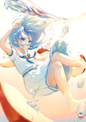 Rule 34 | 1girl, absurdres, apple, apple slice, arm up, artist logo, blue eyes, blue hair, blue nails, blue ribbon, blurry, blurry background, blurry foreground, bubble, commentary request, food, foot out of frame, fruit, highres, hololive, hoshimachi suisei, hoshimachi suisei (school uniform), kamui (kamuikaoru), legs, long hair, looking to the side, nail polish, neck ribbon, no shoes, pleated skirt, ribbon, school uniform, serafuku, shirt, short sleeves, sidelocks, skirt, socks, solo, thighs, underwater, virtual youtuber, white serafuku, white shirt, white skirt, white socks