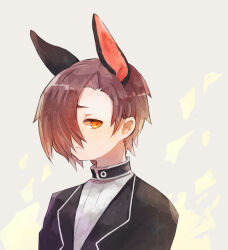 Rule 34 | 1boy, animal ears, black jacket, brown hair, closed mouth, commentary request, dog ears, frown, grey background, hair over one eye, harvest fes, jacket, librarian (project moon), library of ruina, male focus, portrait, project moon, shirt, short hair, simple background, solo, white shirt, yellow eyes