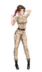 Rule 34 | arm up, belt, black footwear, blue eyes, boots, camouflage, camouflage pants, camouflage shirt, contrapposto, drift girls, full body, hand in own hair, hat, highres, long hair, looking at viewer, military, military uniform, official art, pants, ponytail, red hair, sara (drift girls), shirt, simple background, solo, standing, uniform, white background