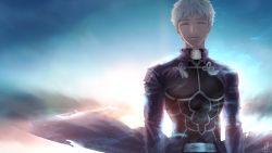 Rule 34 | 1boy, amino (tn7135), archer (fate), closed eyes, cloud, crack, dark-skinned female, dark-skinned male, dark skin, fate/stay night, fate (series), gradient background, light particles, male focus, outdoors, sky, solo, spoilers, upper body, white hair