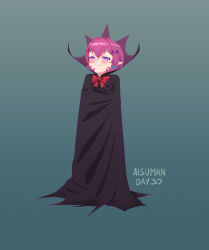 Rule 34 | 1girl, absurdres, aisuman, artist name, black cape, blush, bow, bowtie, cape, child, closed mouth, collared cape, female focus, full body, highres, looking at viewer, original, pointy ears, purple eyes, purple hair, red bow, red bowtie, short hair, smile, solo, standing, vampire
