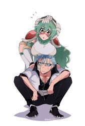 Rule 34 | 1boy, 1girl, anger vein, angry, black pants, bleach, bleach: sennen kessen-hen, blue eyes, blue hair, breast rest, breasts, breasts on head, brown eyes, closed mouth, commentary request, detached sleeves, eyeshadow, facial mark, frown, full body, green hair, grimmjow jaegerjaquez, hair between eyes, hair ornament, hands on another&#039;s shoulders, highres, jitome, long hair, looking at viewer, makeup, nelliel tu odelschwanck, notice lines, open clothes, open shirt, pants, parted lips, scar, scar on chest, scar on face, shirt, short hair, simple background, skull hair ornament, spiked hair, squatting, tareme, tsurime, twitter username, v-shaped eyebrows, very long hair, wavy hair, white background, white shirt, yanono 015