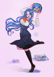 Rule 34 | 1girl, :d, arms up, artist name, black socks, blouse, blue eyes, blue hair, blush, box, breasts, brown footwear, buttons, collared shirt, commentary, cookie jar, danganronpa (series), danganronpa v3: killing harmony, double-breasted, dress shirt, english commentary, from side, full body, glasses, holding, kneehighs, knitting hook, knitting needle, large breasts, leg up, long hair, long skirt, long sleeves, looking at viewer, missarilicious, needle, open mouth, pleated skirt, ribbon, school uniform, shirogane tsumugi, shirt, shoes, skirt, smile, socks, solo, standing, standing on one leg, teeth, upper teeth only, white shirt, yarn, yarn ball
