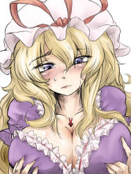 Rule 34 | 1girl, arrow (projectile), blonde hair, blush, breast hold, breasts squeezed together, breasts, cleavage, face, female focus, hat, large breasts, long hair, naui kudan, purple eyes, solo, sweat, touhou, yakumo yukari