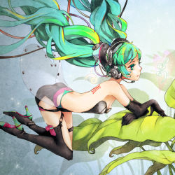 Rule 34 | 1girl, aqua eyes, aqua hair, arched back, arm rest, bare back, bare shoulders, boots, elbow gloves, gloves, hatsune miku, headphones, high heels, leaf, long hair, musical note, profile, reika (artist), reika (clovia studio), shoes, solo, thigh boots, thighhighs, twintails, vocaloid