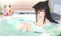 Rule 34 | 1girl, animal ears, artist name, bath, bathing, bathtub, black hair, blush, breasts, cat ears, closed mouth, collarbone, commentary, english commentary, flower, flower on liquid, fufumi, hair ornament, hairclip, highres, indoors, knees together feet apart, knees up, long hair, looking at viewer, nude, original, partially submerged, petals, petals on liquid, pink flower, purple eyes, ripples, rubber duck, shampoo bottle, small breasts, solo, towel, very long hair, water
