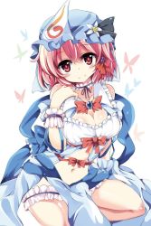 Rule 34 | 1girl, blue dress, blush, bow, breasts, bridal garter, bug, butterfly, cleavage cutout, clothing cutout, cuffs, dress, frills, hair bow, hair ornament, hat, hat bow, insect, looking at viewer, maturiuta sorato, midriff, mob cap, navel, open clothes, open dress, pink hair, ribbon, saigyouji yuyuko, short hair, simple background, sleeveless, smile, solo, touhou, triangular headpiece, white background, wrist cuffs