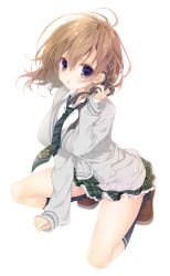 Rule 34 | 1girl, :o, arm support, black ribbon, black socks, blush, brown footwear, cardigan, collared shirt, copyright request, frilled skirt, frills, full body, green necktie, green skirt, grey cardigan, hair between eyes, hair ribbon, hand up, highres, inugami kira, kneehighs, light brown hair, loafers, long hair, long sleeves, looking at viewer, necktie, on one knee, parted lips, plaid, plaid skirt, pleated skirt, purple eyes, ribbon, shirt, shoes, simple background, skirt, sleeves past wrists, socks, solo, striped ribbon, white background, white shirt
