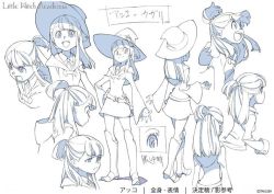 Rule 34 | 10s, 1girl, boots, character sheet, hat, kagari atsuko, little witch academia, monochrome, official art, translation request, witch, witch hat, yoshinari you