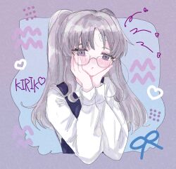 Rule 34 | 1girl, :o, absurdres, bandaid, bandaid on face, bandaid on forehead, bespectacled, blue dress, blush, character name, dress, glasses, grey hair, hands on own cheeks, hands on own face, heart, highres, idolmaster, idolmaster shiny colors, looking at viewer, mouiiyo oyasumi, nose blush, purple eyes, shirt, solo, twintails, upper body, white shirt, yukoku kiriko