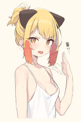 Rule 34 | 1girl, absurdres, animal ears, areola slip, bare shoulders, blonde girl (cloba), blonde hair, blush, breasts, camisole, cat ears, cleavage, cloba, collarbone, fang, fanning face, hair ornament, highres, large areolae, looking at viewer, medium breasts, no bra, open mouth, original, puffy nipples, short hair, short hair with long locks, sidelocks, simple background, skin fang, solo, strap gap, sweat, swept bangs, upper body, v-shaped eyebrows, white camisole, yellow background, yellow eyes