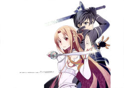 Rule 34 | 1boy, 1girl, absurdres, adachi shingo, arm up, armor, artist name, asuna (sao), black eyes, black gloves, black hair, breastplate, brown hair, detached sleeves, fingerless gloves, floating hair, gloves, hair between eyes, highres, holding, holding sword, holding weapon, jewelry, kirito, long hair, looking at viewer, parted lips, red eyes, ring, simple background, smile, sword, sword art online, very long hair, weapon, white background