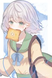 Rule 34 | 1girl, absurdres, bag, blue bow, blue sky, bow, bread slice, cloud, cloudy sky, commentary request, food, food in mouth, green eyes, green skirt, grey hair, highres, komeiji koishi, long sleeves, mouth hold, no headwear, outdoors, riripika 2525, school bag, school uniform, shirt, short hair, skirt, sky, solo, toast, toast in mouth, touhou, twitter username, yellow shirt