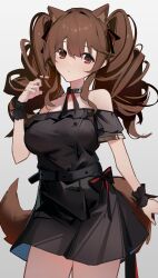 Rule 34 | 1girl, absurdres, angelina (arknights), animal ears, arknights, bare shoulders, black collar, black dress, black ribbon, black wrist cuffs, bow, breasts, chichi guai, collar, commentary, dress, drill hair, fox ears, fox girl, fox tail, grey background, hair ribbon, head tilt, highres, large breasts, looking at viewer, medium breasts, off-shoulder dress, off shoulder, playing with own hair, red bow, red eyes, red ribbon, ribbon, sidelocks, simple background, solo, striped ribbon, tail, twintails, wrist cuffs