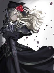 Rule 34 | 1girl, balmung (fate/apocrypha), black dress, black gloves, black hat, blue eyes, closed mouth, commentary request, dress, fate/grand order, fate (series), floating hair, flower, gloves, grey hair, hair between eyes, hair flower, hair ornament, hat, highres, holding, holding sword, holding weapon, hugging object, kriemhild (fate), kriemhild (first ascension) (fate), long hair, long sleeves, looking at viewer, mole, mole under eye, neko daruma, petals, red flower, red rose, rose, shadow, solo, sword, weapon, white background